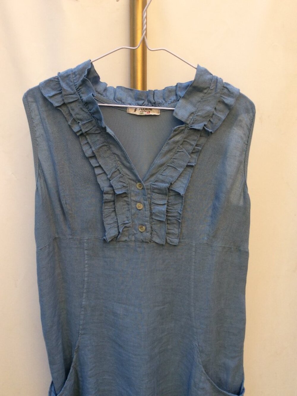 100% LINEN Femme Fatale Made in Italy Blue Ruffle Dress Size S